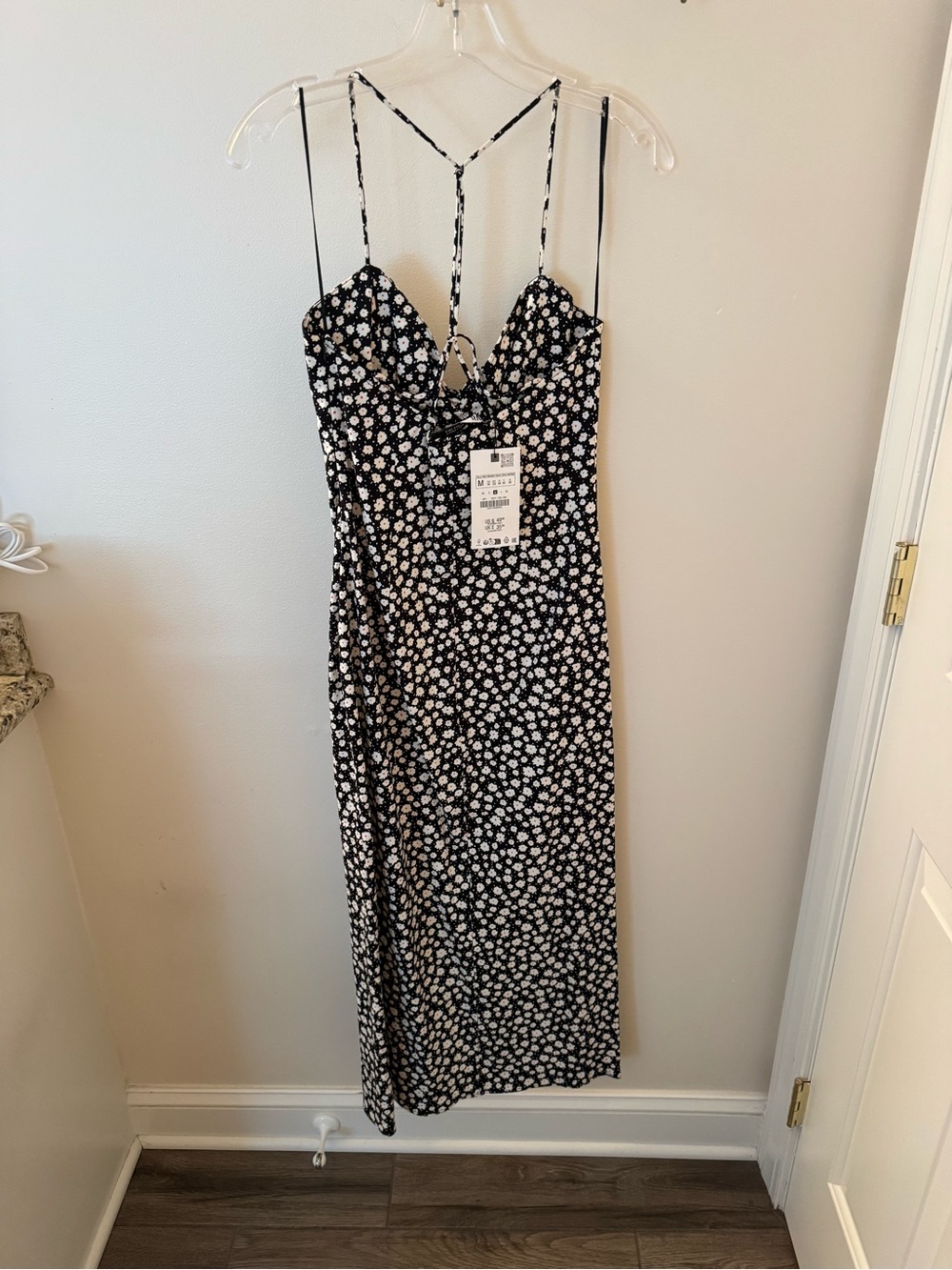 Zara Black Maxi Slip Dress with White Daisy Print and Strappy Back